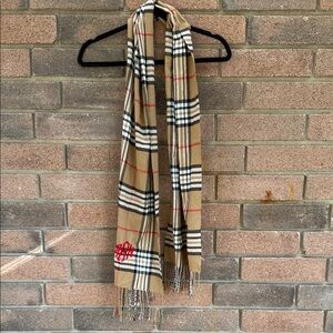 Elegant Tan Plaid Scarf with Red Monogram OS